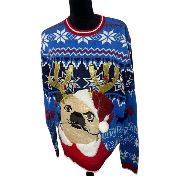 UGLY CHRISTMAS SWEATER FESTIVE HOLIDAY PUG/DOGW SANTA HAT MENS SWEATER SIZE L - Picture 4 of 6